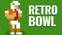 An 8-bit retro pixel quarterback lining up a pass trajectory on a green football field in Retro Bowl