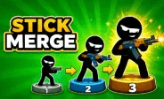 A stickman soldier aiming a high-tech rifle from behind sandbag cover in Stick Merge